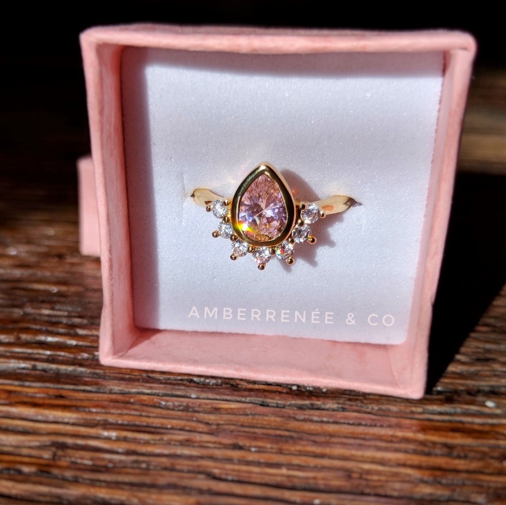 14k Pink Champagne Pear Teardrop, Sunburst Ring